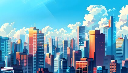 Obraz premium Cityscape Illustration with Colorful Skyscrapers and Fluffy Clouds