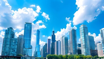 Fototapeta premium Chicago Skyline with Blue Skies and Fluffy Clouds