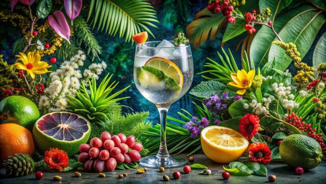 Vibrant, whimsical illustration of a classic gin and tonic cocktail surrounded by lush greenery and colorful botanical elements.
