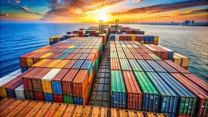 Fototapeta premium rusty steel containers stacked haphazardly on freight ship's deck, awaiting cargo unloading, as glistening ocean waves crash against hull.