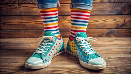Vibrant, eclectic, and trendy sneakers pair perfectly with playful, striped, and polka-dotted socks on a sleek, modern, wooden floor background.