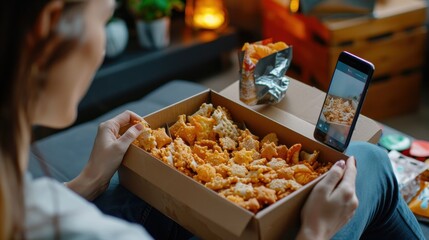 A person excitedly films themself opening a box filled with visually stunning and mouthwatering snacks, ready to share their delicious discovery with the world 