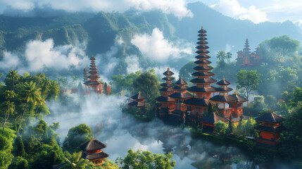 Bird's eye view of exotic architecture in the mountains