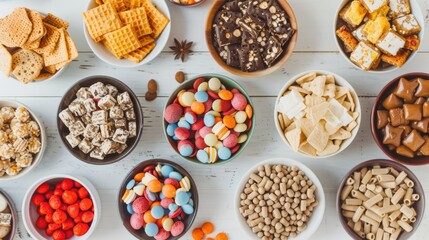 Fototapeta premium An Overhead View of Various Snacks Including Popcorn, Nachos, Dips, and Nuts Perfectly Arranged for a Tasty and Enjoyable Snack Time or Party Gathering