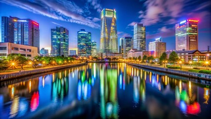 Obraz premium Vibrant night cityscape of Yokohama Japan featuring colorful neon lights reflections on water surrounded by modern skyscrapers darkness.