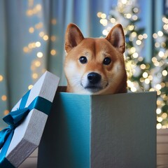 A Shiba Inu with big, cute, kawaii eyes peeking out of a gift box.