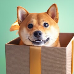 A Shiba Inu with big, cute, kawaii eyes peeking out of a gift box.