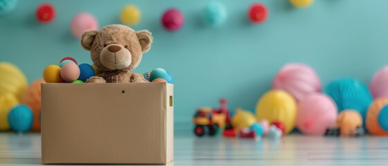 Donation box with toys on floor, child's room, colorful background