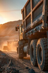 Fototapeta premium Heavy-duty dump trucks working at a construction site during sunset, with dust and dirt in the air, creating a dramatic scene.