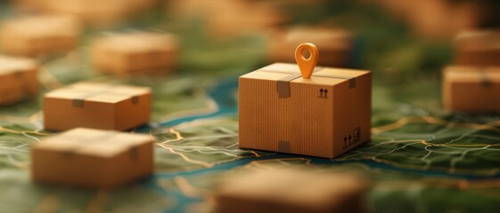 Cardboard Boxes with Location Pins on a Map Representing Global Shipping and Logistics Network