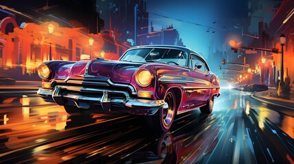 Illustration of neon gradient light blue, turquoise and purple car art cruising over city stars on black background, bold, vivid colors, realistic shapes, shading, perspective