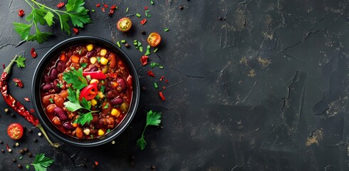 A hearty bowl of chili topped with various garnishes, set against a dark background
