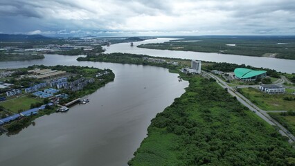 Kuching, Malaysia - July 1 2024: The Isthmus with the Twin Towers, Barrage and Borneo Convention Centre Kuching