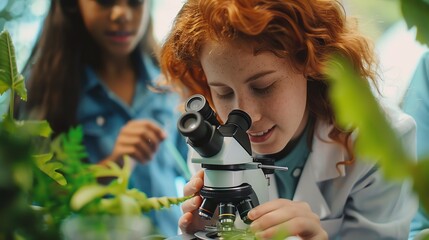 Young scientist using a microscope to study plants in a laboratory, highlighting the excitement of scientific discovery among students.