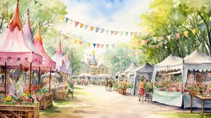 Fototapeta premium Charming Watercolor Village Fair with Festive Bunting and Cozy Stalls in Spring Atmosphere