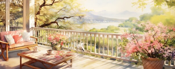 Fototapeta premium Serene Spring Oasis: Watercolor Terrace with Garden View