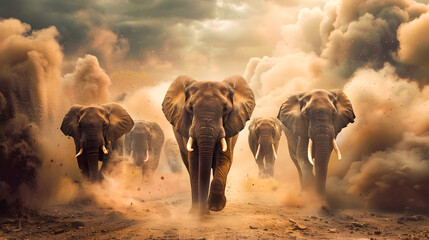 Powerful herd of elephants charging through a dusty and dramatic desert landscape with stormy clouds in the background creating a sense of movement adventure and the untamed wilderness of Africa
