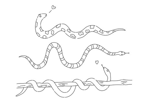Cute snakes with love emotion in cartoon line drawing.