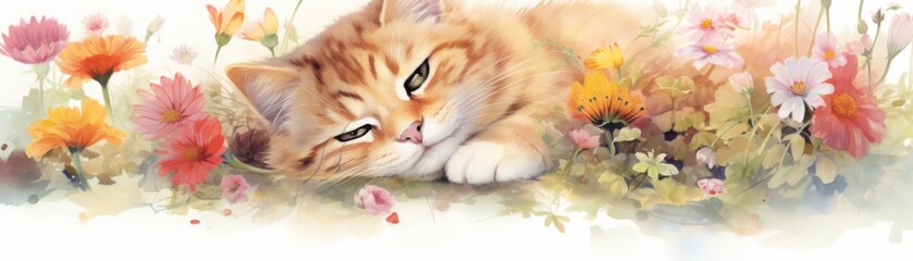Serene Cat Napping in Spring Flower Patch - Watercolor Illustration of Peaceful Feline Resting Outdoors