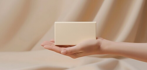 Naklejka premium Neutral beige soft rectangular cream mockup in a woman's hand, extended versatile display.