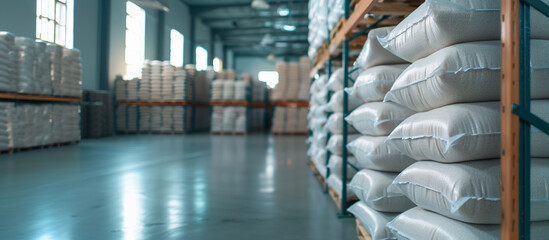Warehouse with bags of corn or rice in storage facility