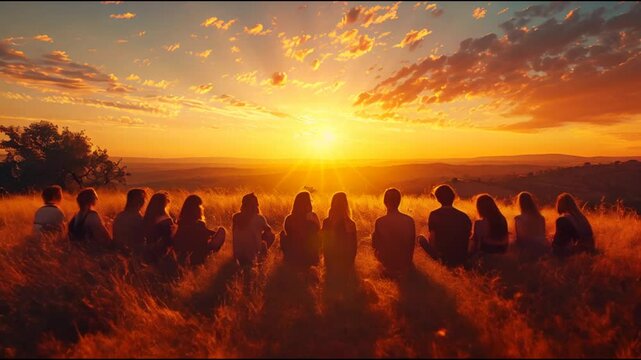 A Group of People Sitting in a Field Watching a Sunset