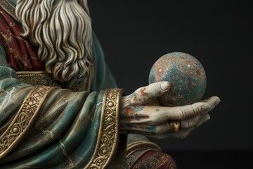 Mythological figure holding a planet in his hand, Generative AI