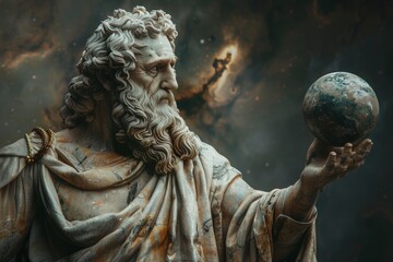 Obraz premium Mythological figure holding a planet in his hand, Generative AI