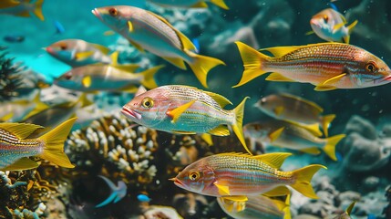 Fototapeta premium Schools of bright yellow and red fish glide across the clear sea waters.