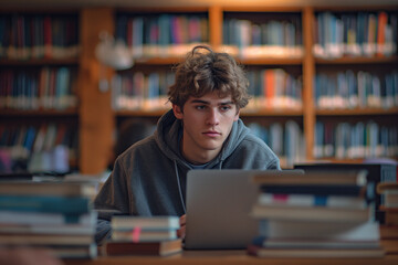 A young male student studies intently in a library, surrounded by books and a laptop, with a backdrop of bookshelves filled with knowledge