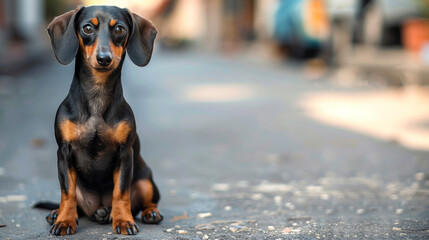 A kind well-behaved black and brown dog is sitting on the sidewalk