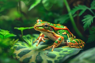 Obraz premium Full body view of Northern Leopard Frog on leave in natural habitat, full body shot, full body View