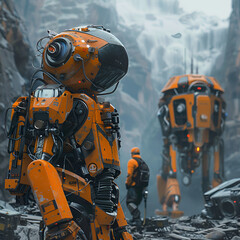 An orange and black robot standing in front of a majestic waterfall.