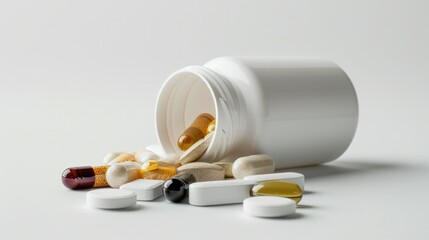 Vitamin supplements for health, on white background, Generative AI