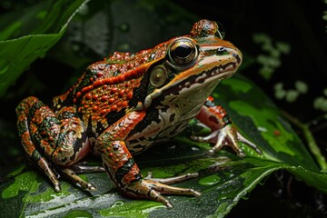 Obraz premium Mystic portrait of Northern Red-legged Frog on leave, full body view, full body shot