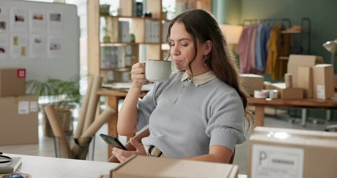 Office, woman and coffee with smartphone for dropshipping checklist and schedule for small business growth. Female person, networking and online for ecommerce, packaging and inventory for delivery