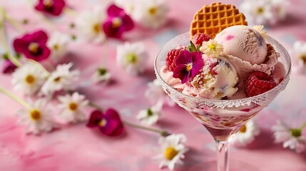 Sweet crispy wafer cups ice cream with chestnut flowers in a margarita glass crimson