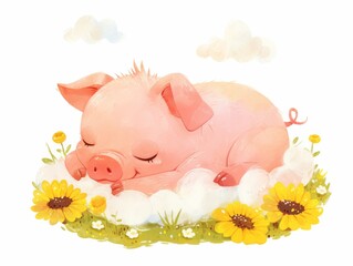 Fototapeta premium cute little piglet sleeping on a cloud, pig dreams on the lawn with yellow flowers, children's illustration, pastel colors