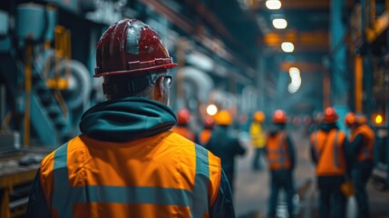 Obraz premium Workers in orange safety vests and helmets operate in a bustling industrial facility. The image emphasizes teamwork, safety, and the intensity of industrial labor.