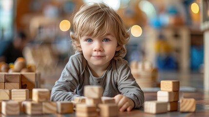 Toddler stacking natural wooden blocks, practicing fine motor skills and spatial reasoning in a nurturing, eco-friendly environment.