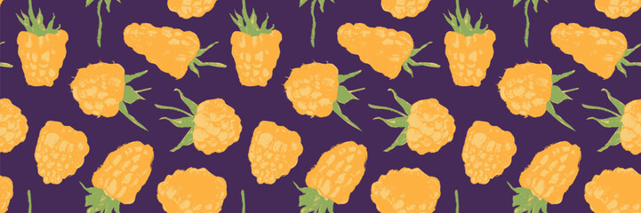 Abstract raspberry hand drawn illustrations. Yellow raspberries pattern seamless for textile design, fabric ornament, banner with floral decor. Juice or jam label design. Yellow wild berry background.