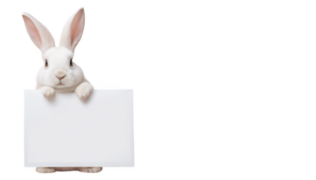 Cute white rabbit holding a blank sign isolate on transparent background, cutout, png
