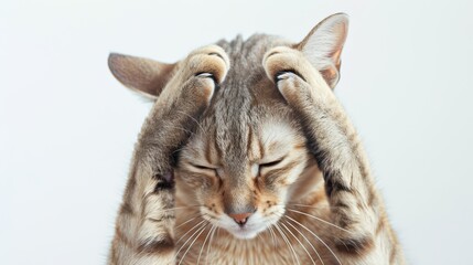 A cat holding their head in pain, headache, on white background, with white space