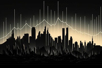 Obraz premium A dark cityscape with glowing white lines representing economic data