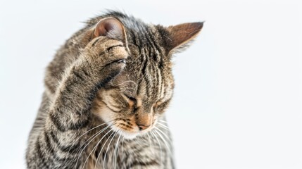 Fototapeta premium A cat holding their head in pain, headache, on white background, with white space