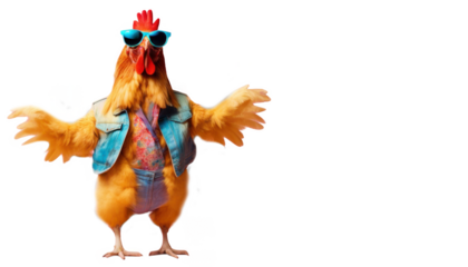 Stylish chicken wearing sunglasses and a colorful shirt isolate on transparent background, cutout, png