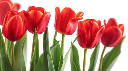 A bouquet of tulips with green stems isolated on a white background
