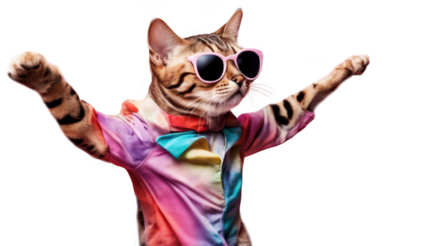 Trendy cat wearing colorful shirt and sunglasses, posing confidently, isolate on transparent background, cutout, png - Powered by Adobe
