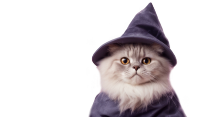Fluffy cat dressed as a wizard with a hat isolate on transparent background, cutout, png