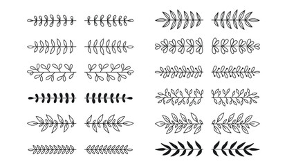 Set of doodles with laurel and floral text dividers. Branches, ornamental divider, borders, lines. Hand drawn vector illustration on white background